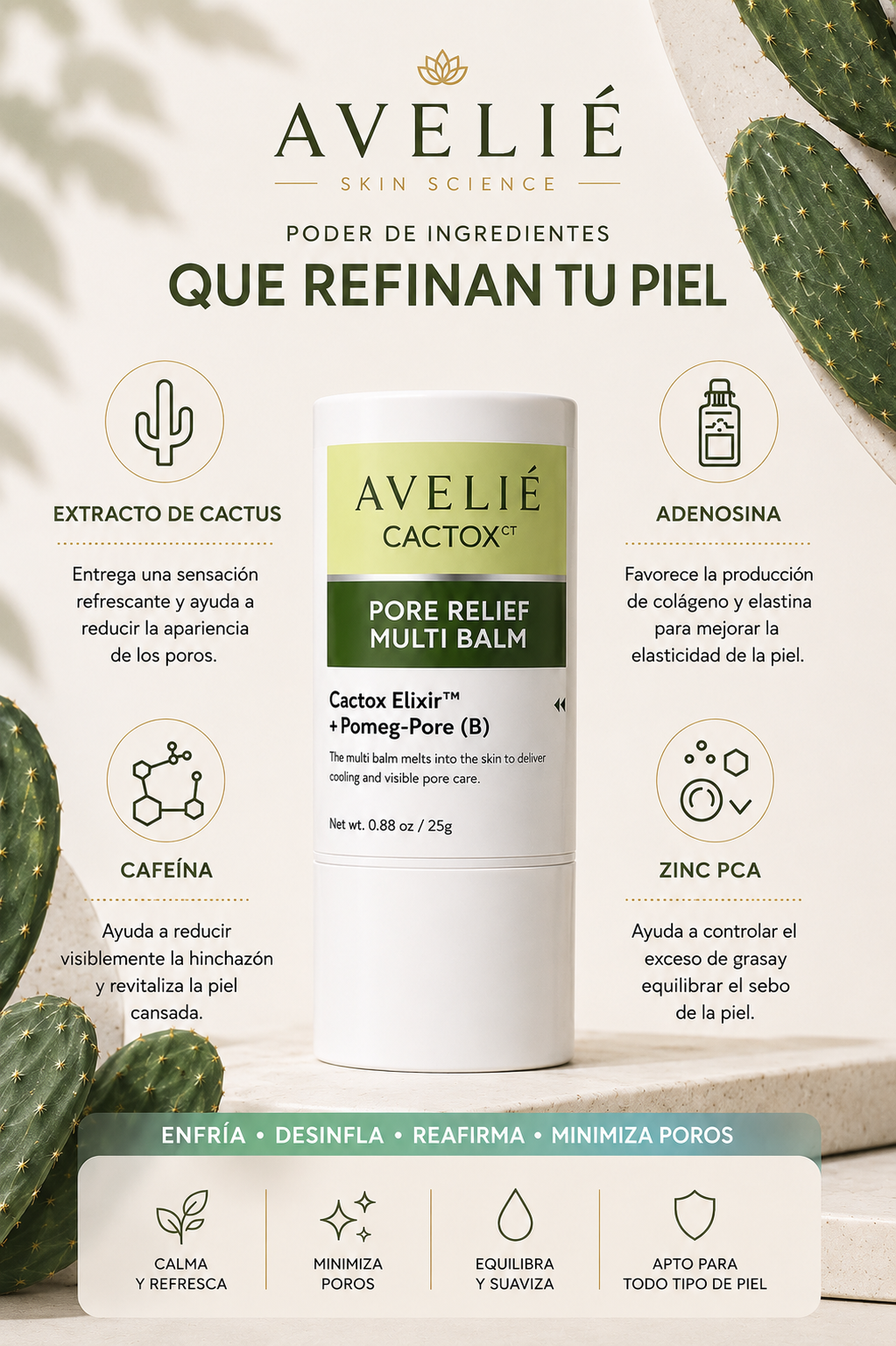 AVELIÉ Cactox Instant Lift Balm – Stick Anti Arrugas Reafirmante de Cactus